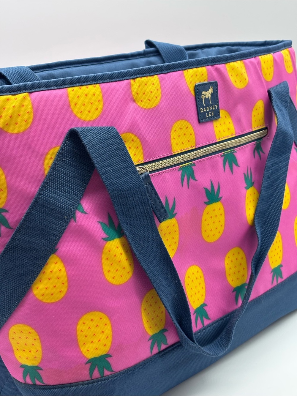 Dabney Lee Pink Pineapple Extra Large Insulated Tote with Navy Trim
